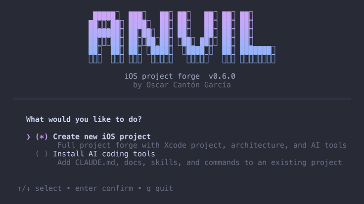 Asistente de AnvilCLI en la terminal, con la opción de crear un proyecto iOS o instalar herramientas de IA