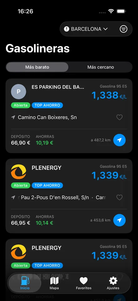 CholloGas stations ranked by price, with the saving per tank