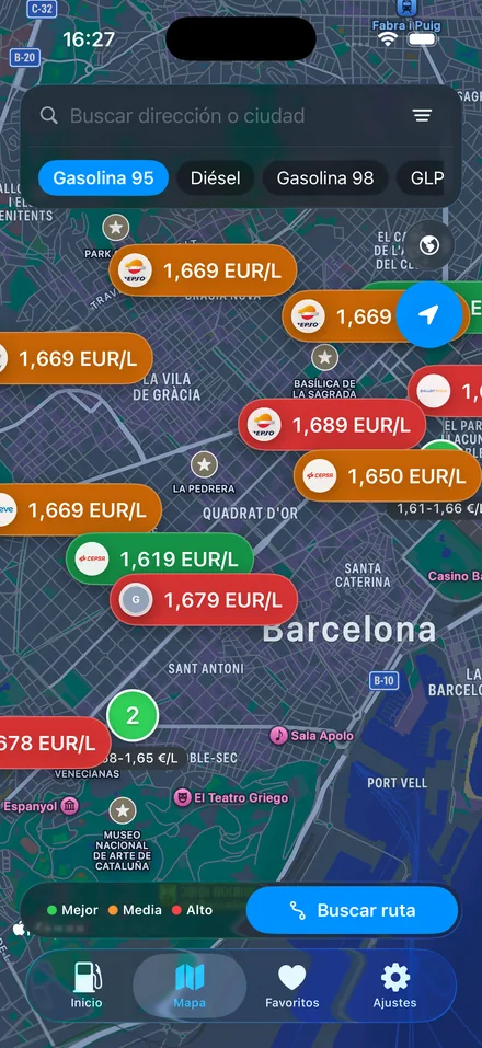 CholloGas price map over Barcelona, with the price of each station