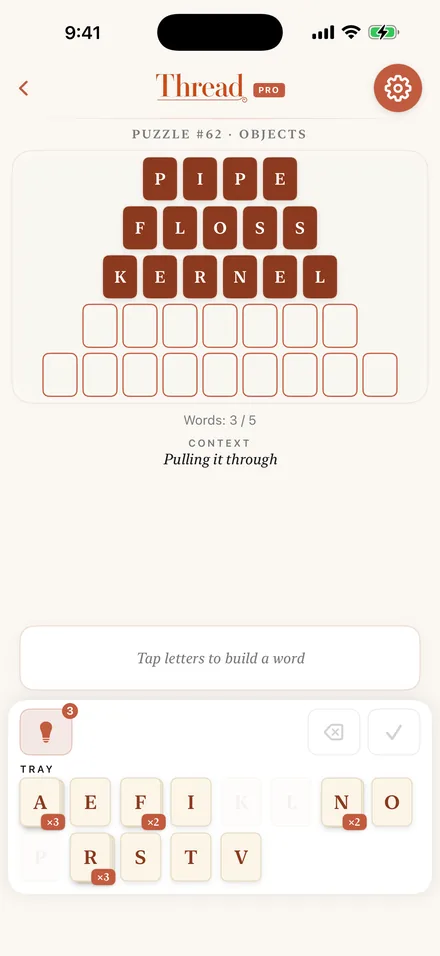 The Hilo board with the five words of the daily puzzle